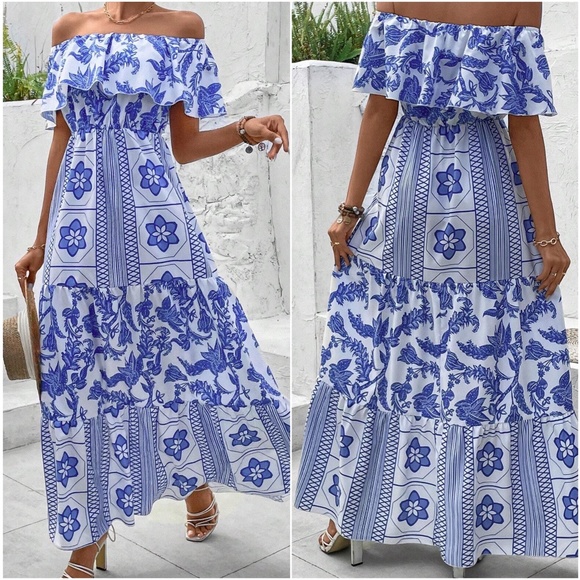 Boho Floral Tropical Print Off Shoulder Maxi Dress - Picture 4 of 5